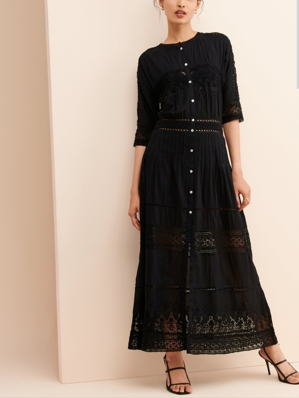 LoveShackFancy Beth Tiered Maxy Dress Sz S Black Cotton Embroidered Lace